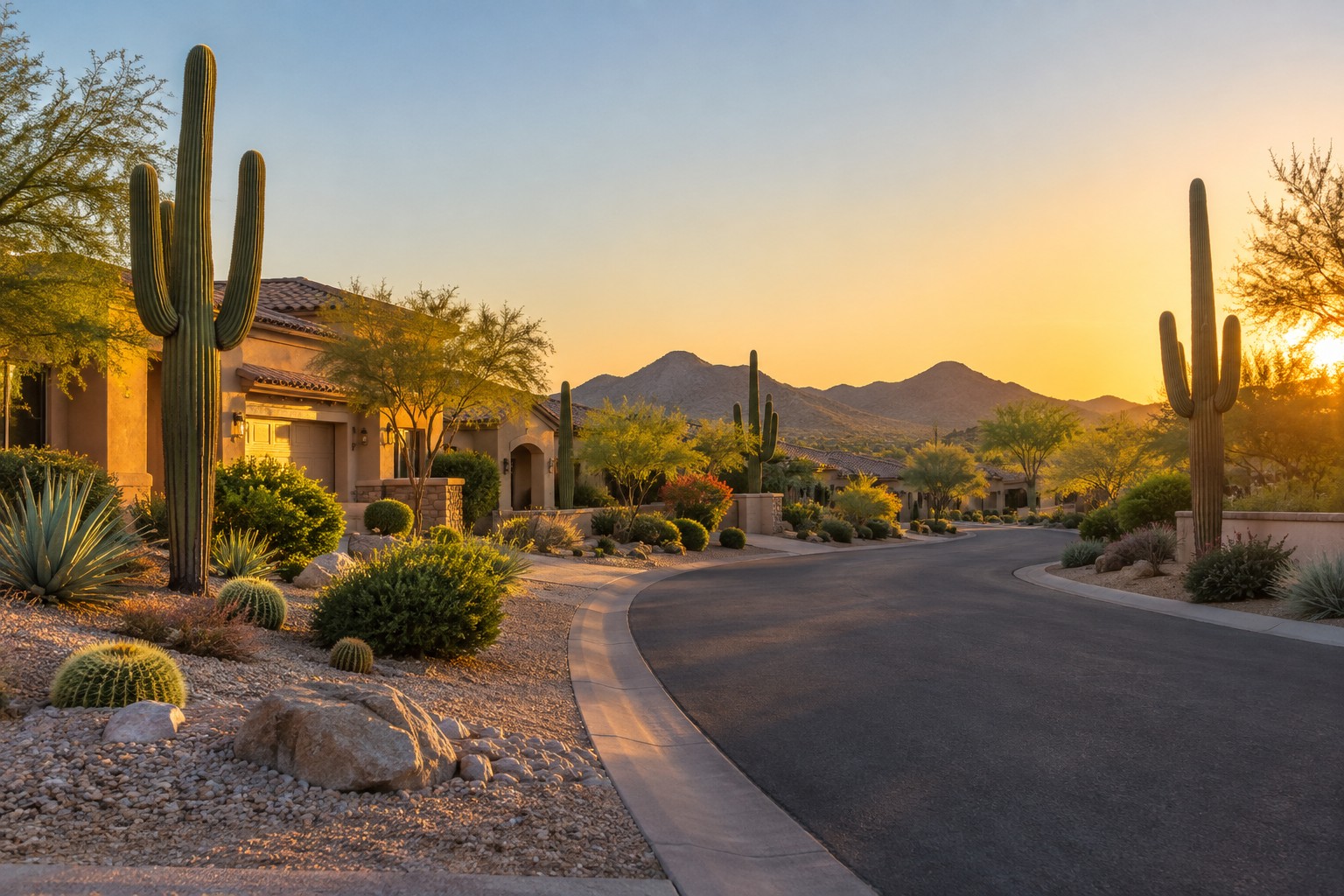 A Scottsdale Arizona desert neighborhood street at golden hour, illustrative