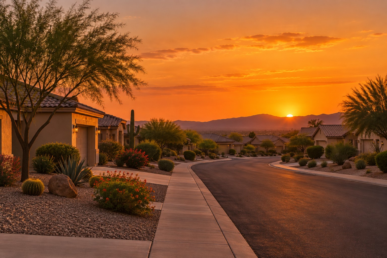 A Phoenix-area street at sunset, illustrative