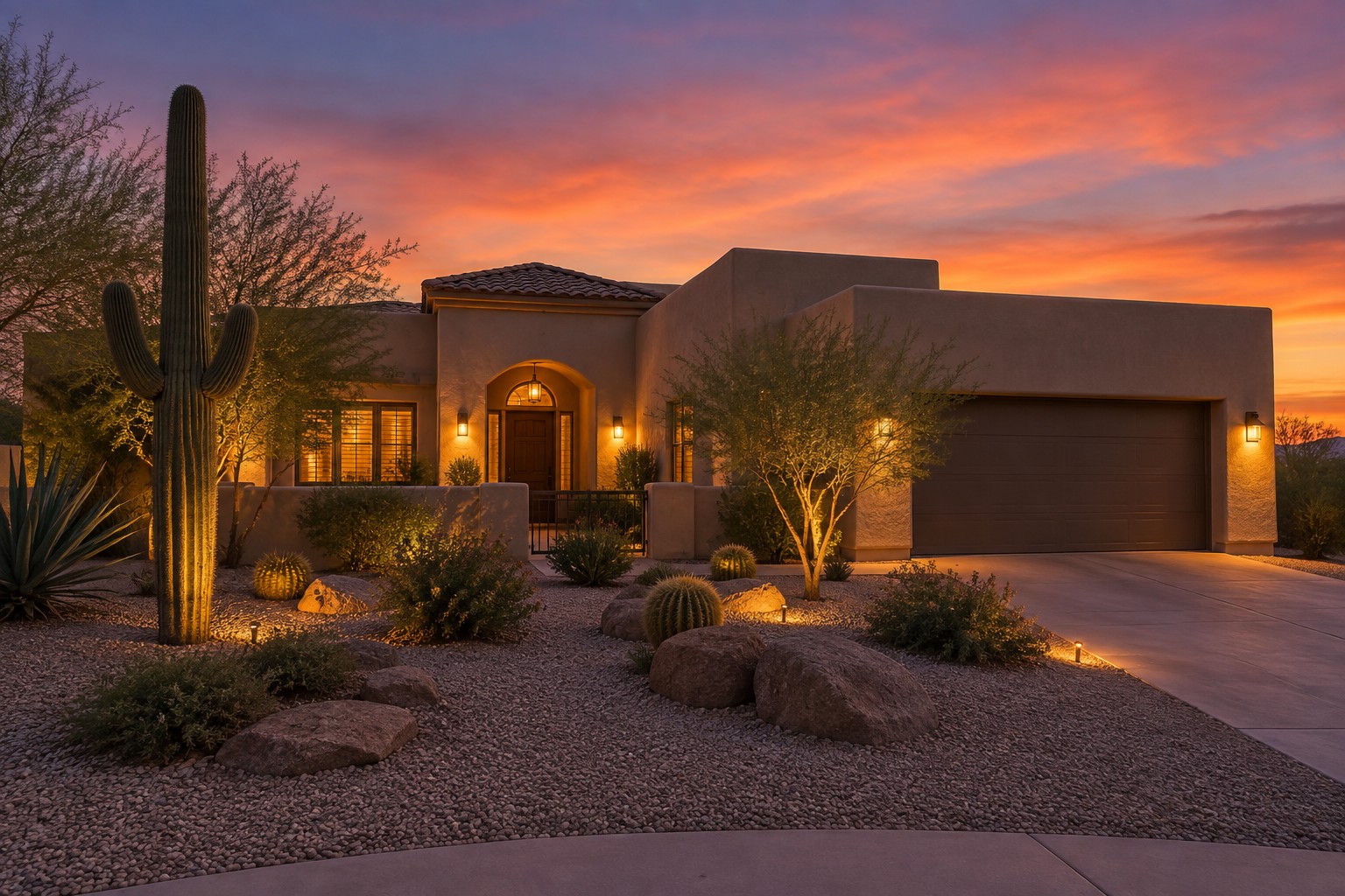 A Phoenix-area home exterior at dusk, illustrative